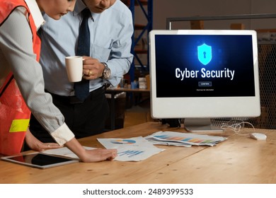 Cyber security system on computer screen protect private information snugly from hacker and cyber attack