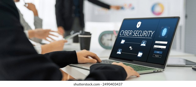 Cyber security system on computer screen protect private information snugly from hacker and cyber attack