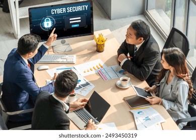 Cyber security system on computer screen protect private information snugly from hacker and cyber attack