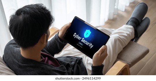 Cyber security system on computer screen protect private information snugly from hacker and cyber attack