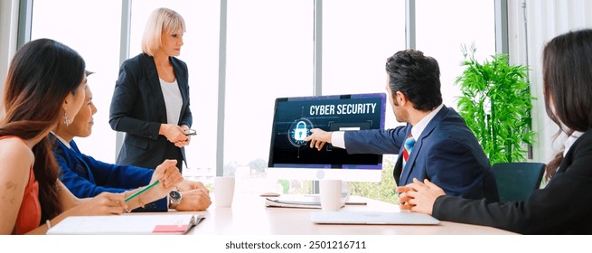 Cyber security system on computer screen protect private information snugly from hacker and cyber attack