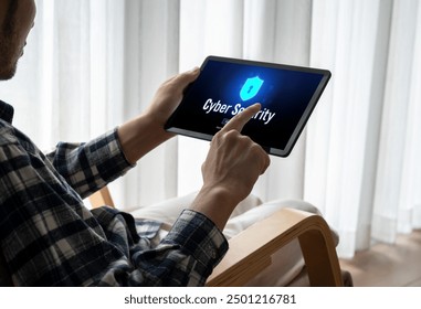 Cyber security system on computer screen protect private information snugly from hacker and cyber attack