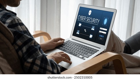 Cyber security system on computer screen protect private information snugly from hacker and cyber attack