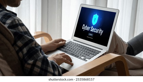 Cyber security system on computer screen protect private information snugly from hacker and cyber attack