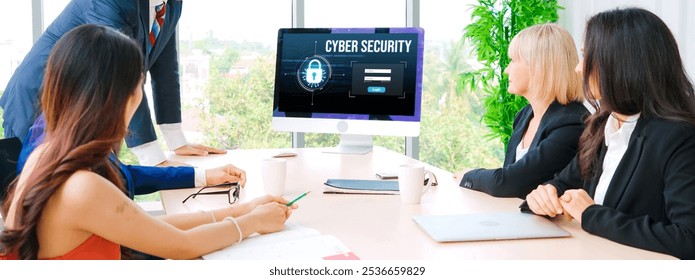 Cyber security system on computer screen protect private information snugly from hacker and cyber attack
