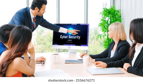Cyber security system on computer screen protect private information snugly from hacker and cyber attack