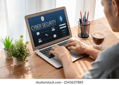 Cyber security system on computer screen protect private information snugly from hacker and cyber attack