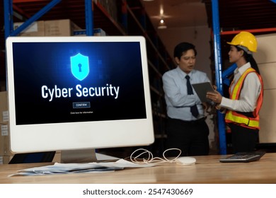 Cyber security system on computer screen protect private information snugly from hacker and cyber attack