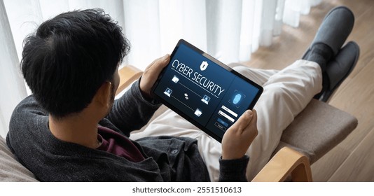 Cyber security system on computer screen protect private information snugly from hacker and cyber attack