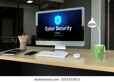Cyber security system on computer screen protect private information snugly from hacker and cyber attack