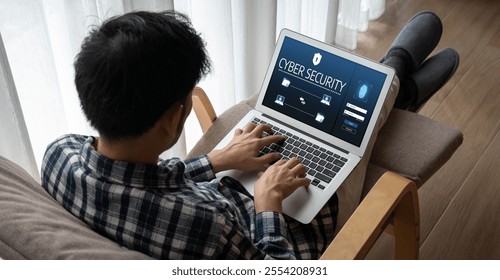 Cyber security system on computer screen protect private information snugly from hacker and cyber attack