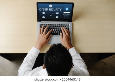 Cyber security system on computer screen protect private information snugly from hacker and cyber attack