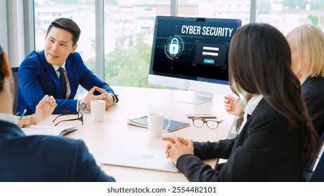 Cyber security system on computer screen protect private information snugly from hacker and cyber attack