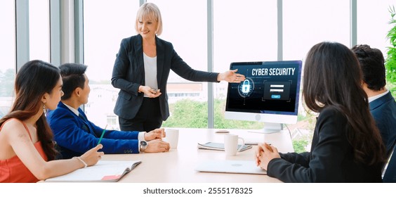 Cyber security system on computer screen protect private information snugly from hacker and cyber attack