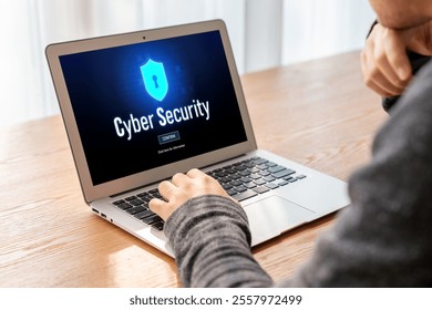 Cyber security system on computer screen protect private information snugly from hacker and cyber attack