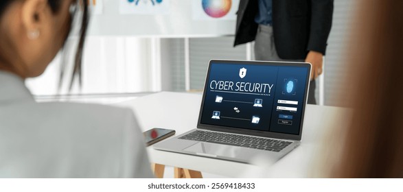 Cyber security system on computer screen protect private information snugly from hacker and cyber attack