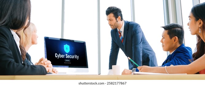Cyber security system on computer screen protect private information snugly from hacker and cyber attack