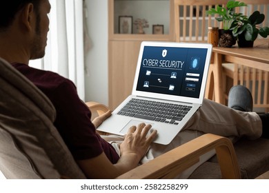 Cyber security system on computer screen protect private information snugly from hacker and cyber attack