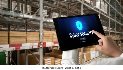 Cyber security system on computer screen protect private information snugly from hacker and cyber attack