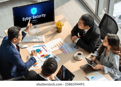 Cyber security system on computer screen protect private information snugly from hacker and cyber attack