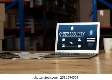 Cyber security system on computer screen protect private information snugly from hacker and cyber attack