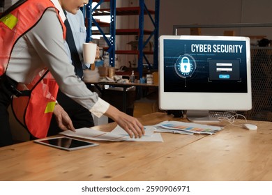 Cyber security system on computer screen protect private information snugly from hacker and cyber attack