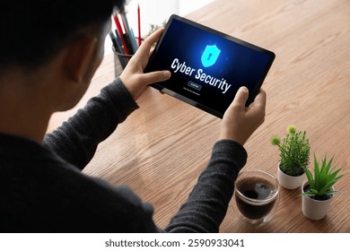 Cyber security system on computer screen protect private information snugly from hacker and cyber attack