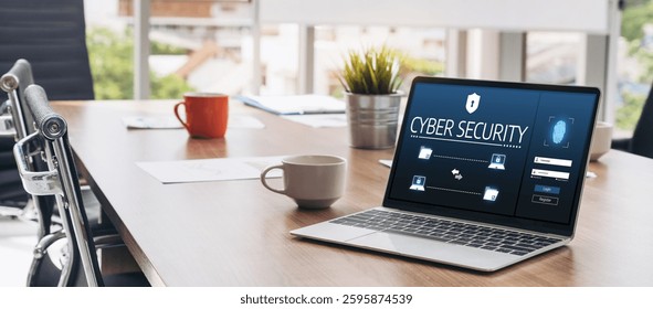 Cyber security system on computer screen protect private information snugly from hacker and cyber attack