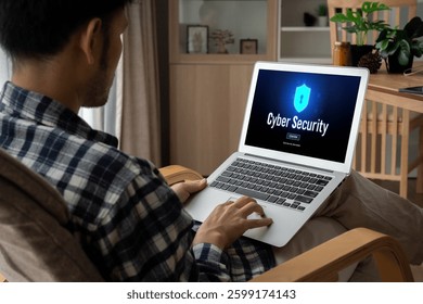 Cyber security system on computer screen protect private information snugly from hacker and cyber attack