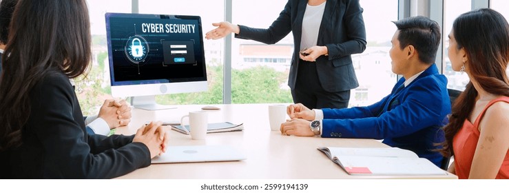 Cyber security system on computer screen protect private information snugly from hacker and cyber attack