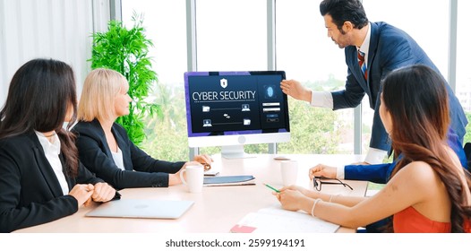 Cyber security system on computer screen protect private information snugly from hacker and cyber attack