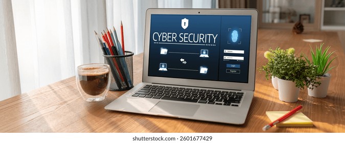 Cyber security system on computer screen protect private information snugly from hacker and cyber attack