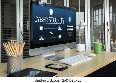 Cyber security system on computer screen protect private information snugly from hacker and cyber attack