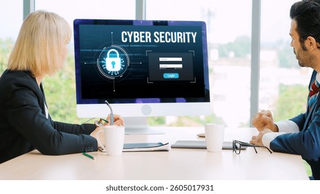 Cyber security system on computer screen protect private information snugly from hacker and cyber attack