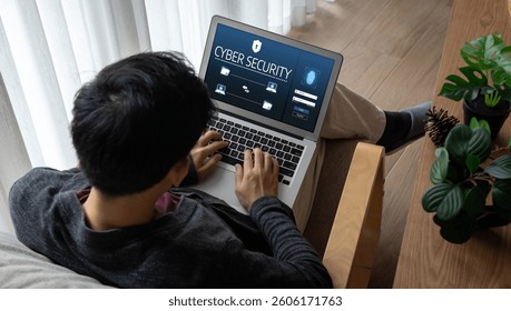 Cyber security system on computer screen protect private information snugly from hacker and cyber attack