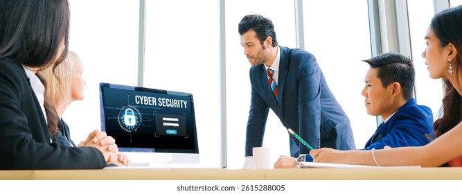 Cyber security system on computer screen protect private information snugly from hacker and cyber attack