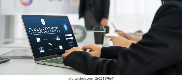 Cyber security system on computer screen protect private information snugly from hacker and cyber attack