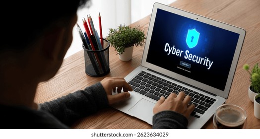 Cyber security system on computer screen protect private information snugly from hacker and cyber attack