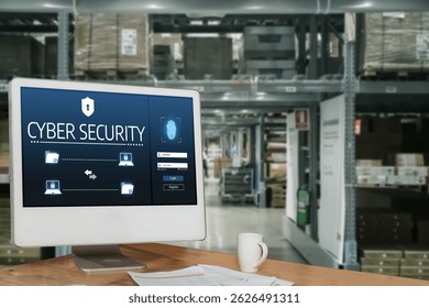 Cyber security system on computer screen protect private information snugly from hacker and cyber attack