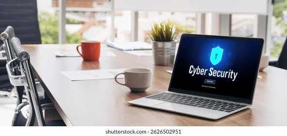 Cyber security system on computer screen protect private information snugly from hacker and cyber attack