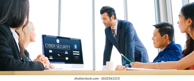Cyber security system on computer screen protect private information snugly from hacker and cyber attack