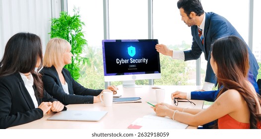 Cyber security system on computer screen protect private information snugly from hacker and cyber attack