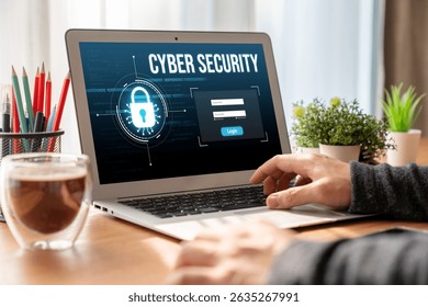 Cyber security system on computer screen protect private information snugly from hacker and cyber attack
