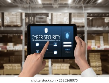 Cyber security system on computer screen protect private information snugly from hacker and cyber attack