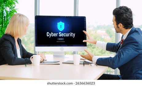 Cyber security system on computer screen protect private information snugly from hacker and cyber attack