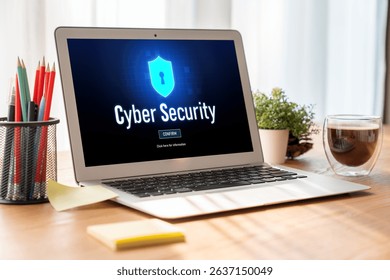 Cyber security system on computer screen protect private information snugly from hacker and cyber attack