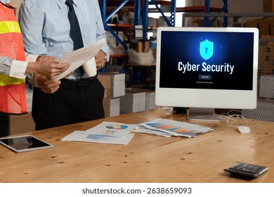 Cyber security system on computer screen protect private information snugly from hacker and cyber attack
