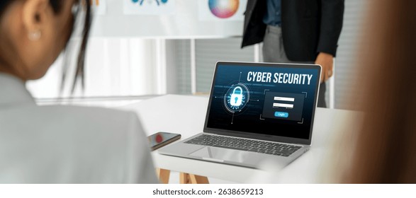 Cyber security system on computer screen protect private information snugly from hacker and cyber attack