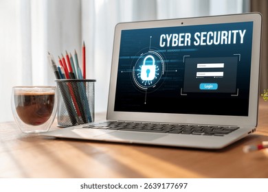 Cyber security system on computer screen protect private information snugly from hacker and cyber attack