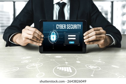 Cyber security system on computer screen protect private information snugly from hacker and cyber attack